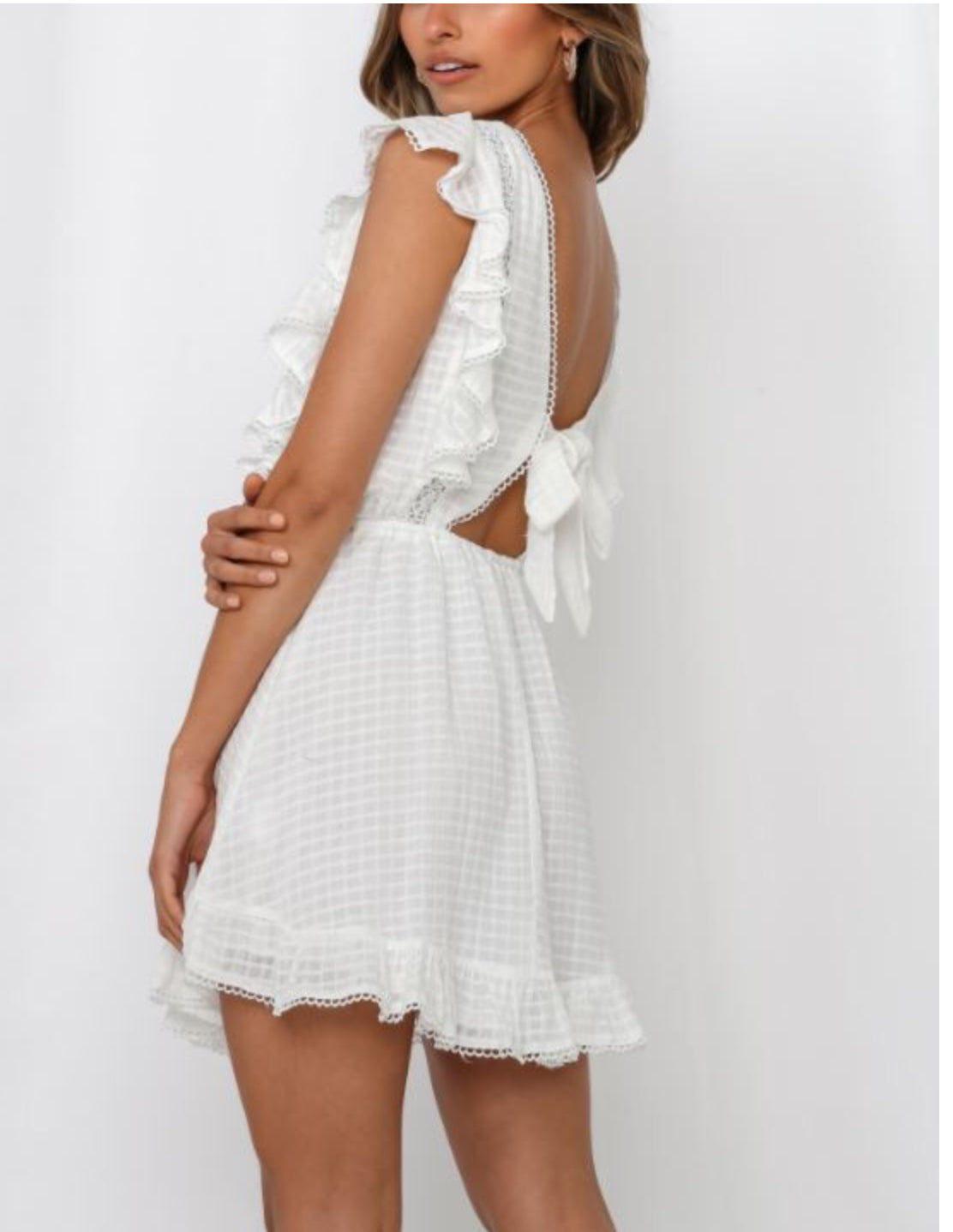 Abigail white ruffle open back self tie Dress