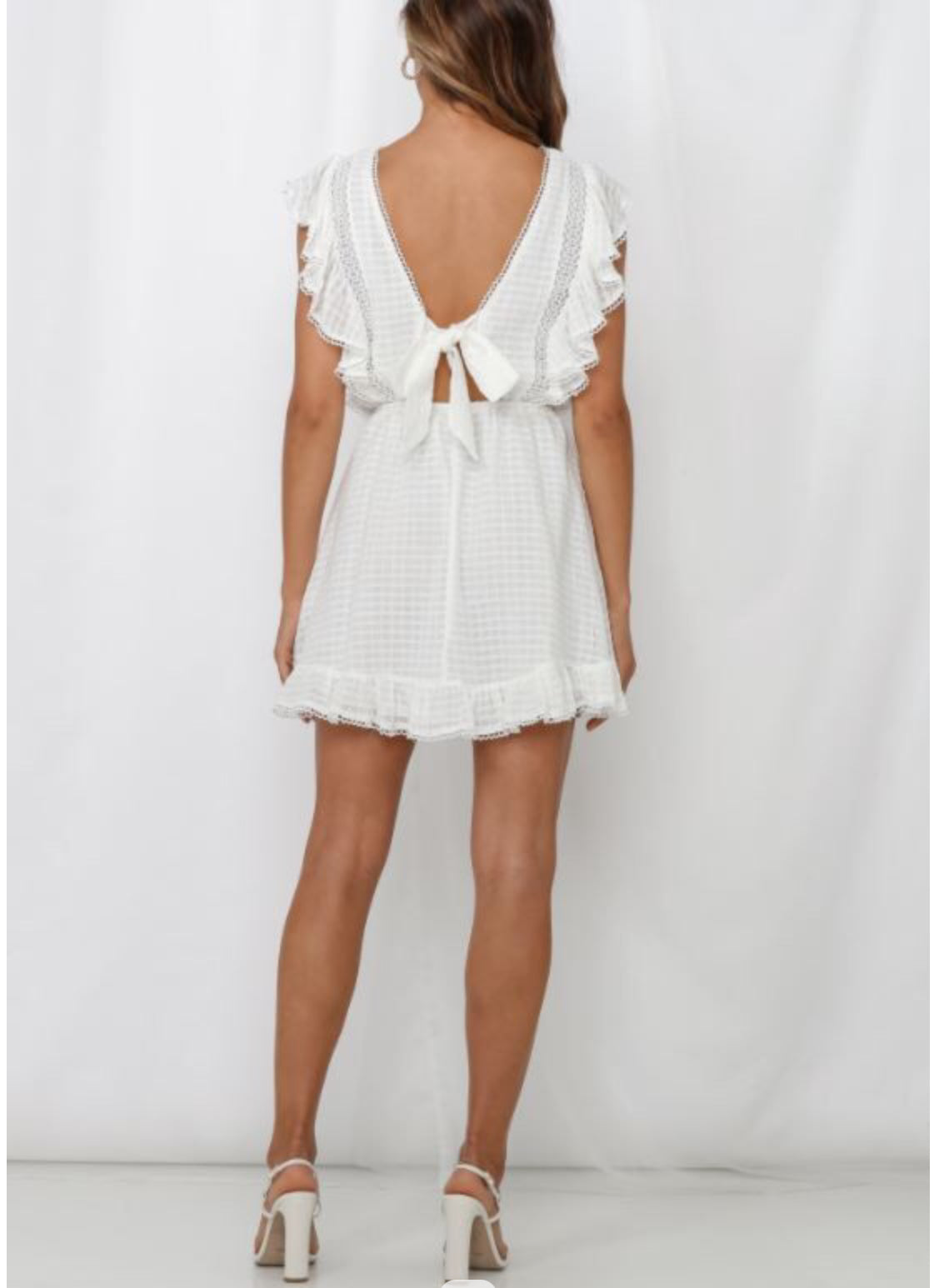 Abigail white ruffle open back self tie Dress