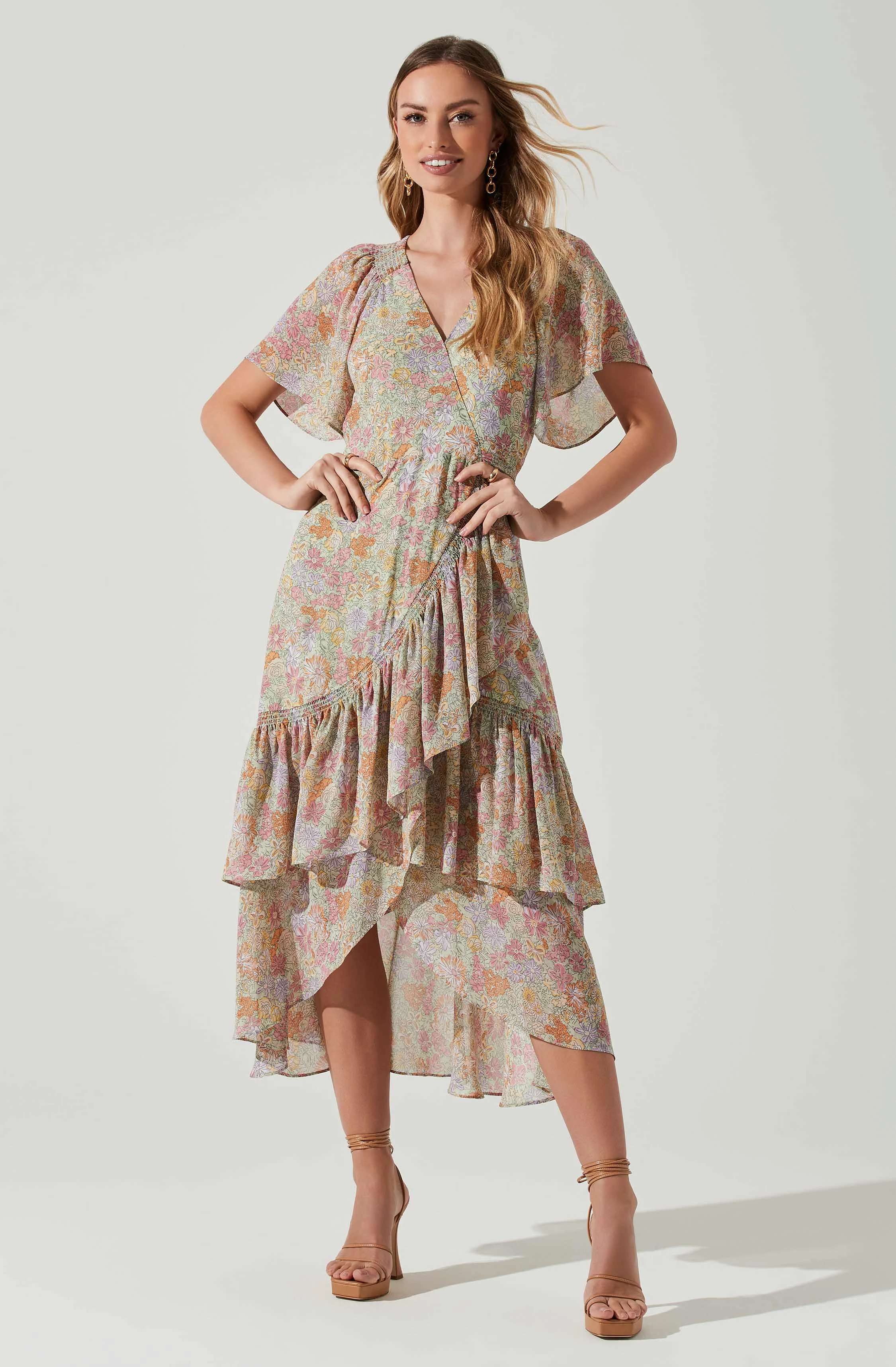 Adella Floral Flutter Sleeve Ruffle Midi Dress