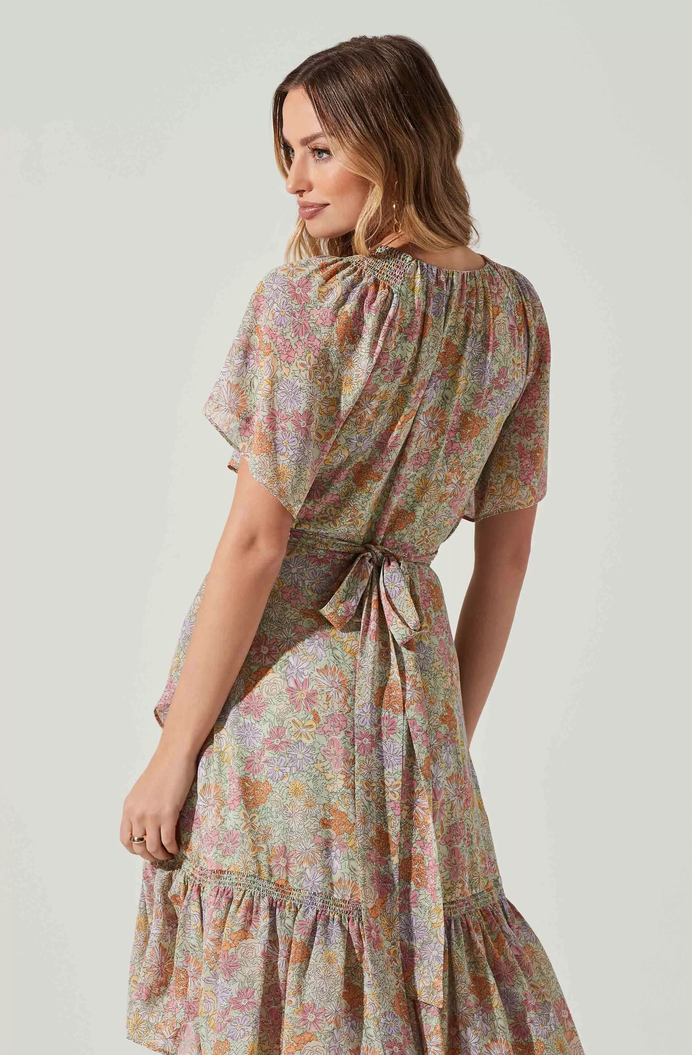 Adella Floral Flutter Sleeve Ruffle Midi Dress