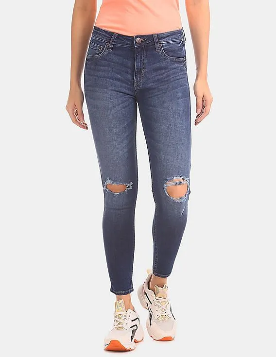 Aeropostale Women Blue Slim Fit Ripped Washed Jeans