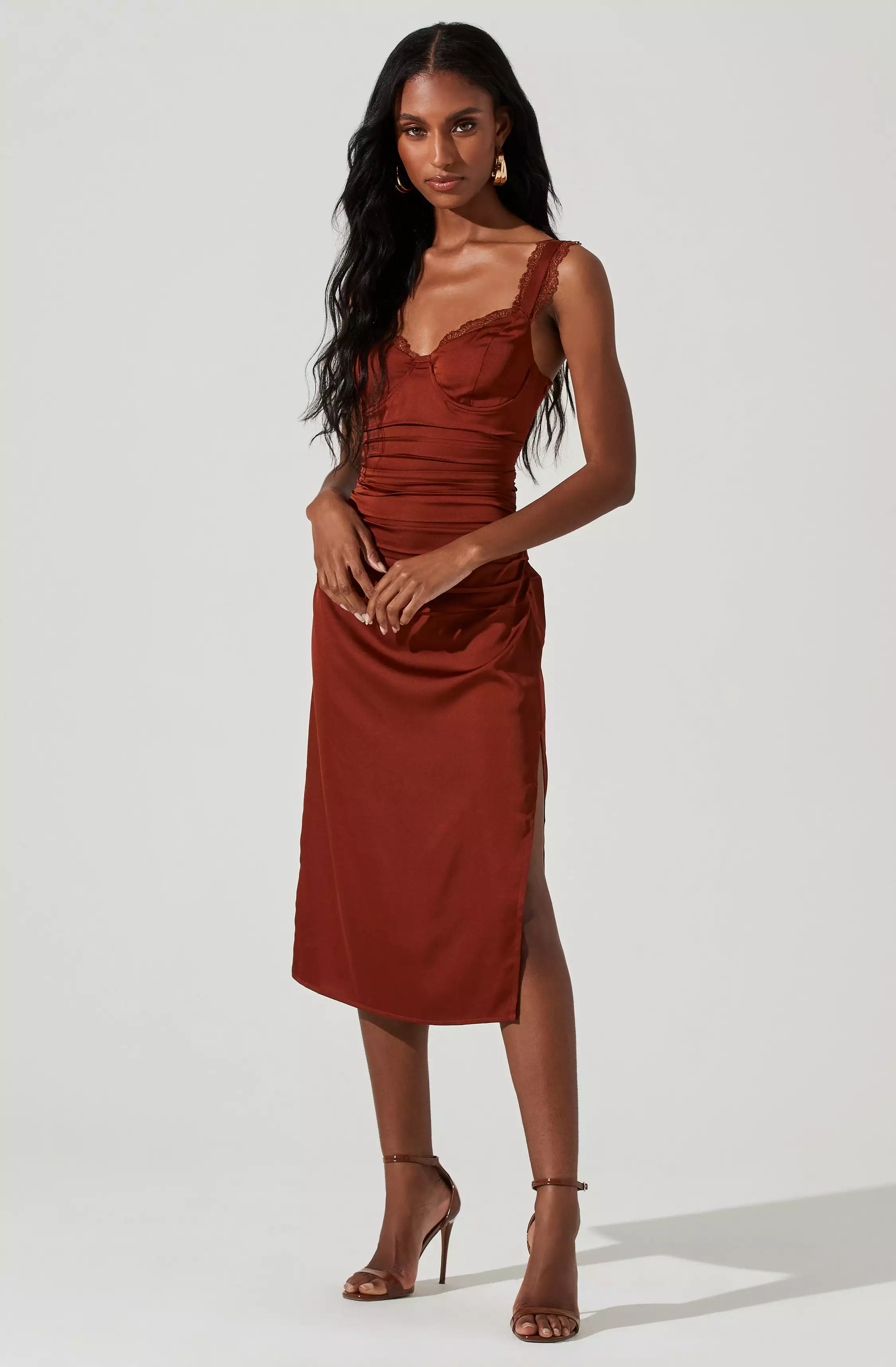 Alva Ruched Lace Trim Midi Dress