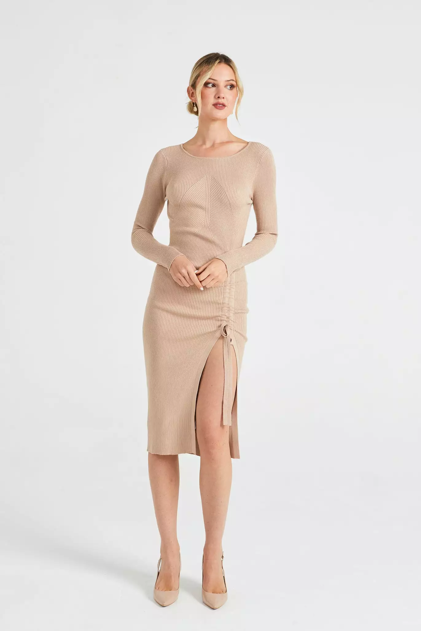 Angeleye Bodycon Ribbed Knit Midi Dress With Drawstring Leg