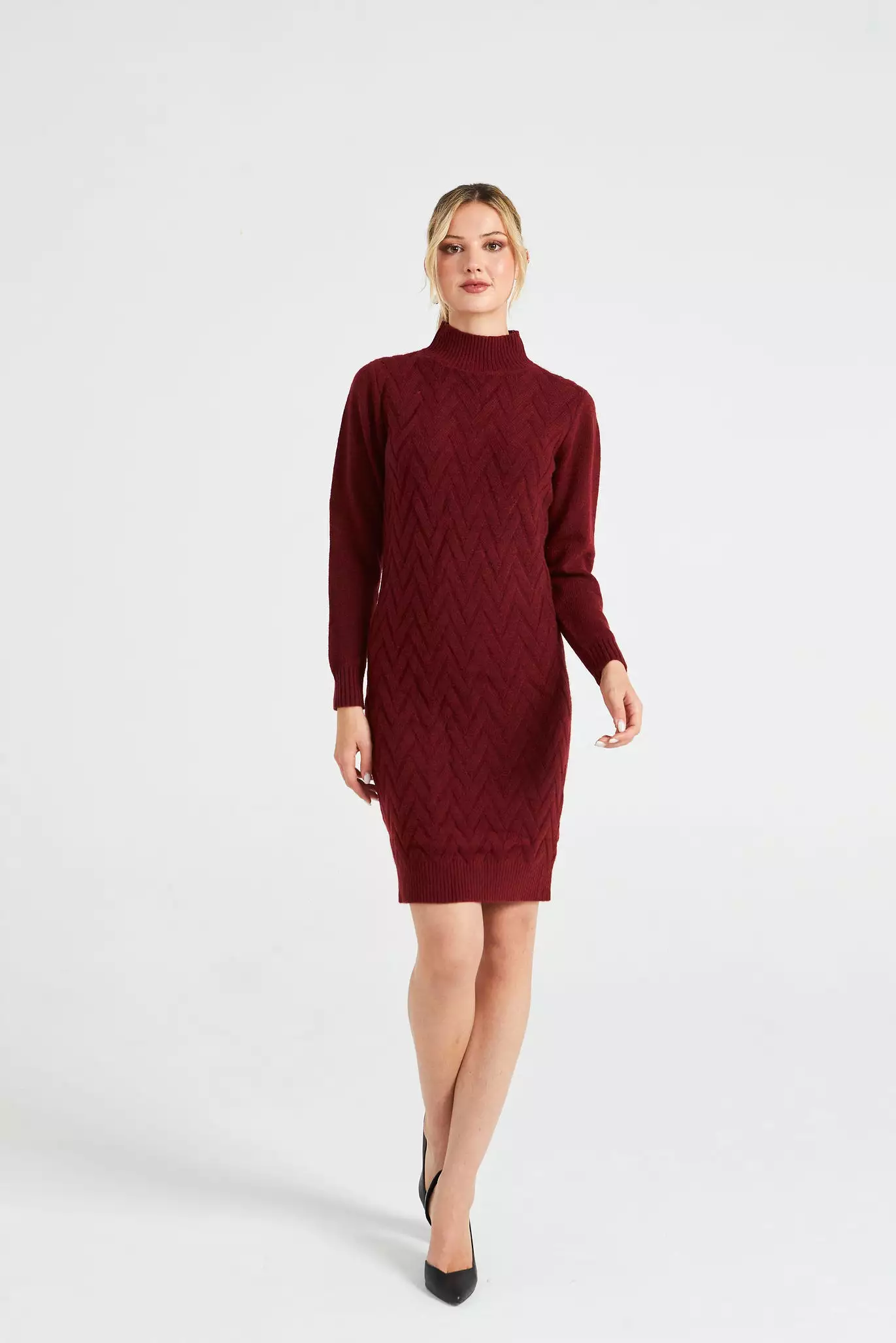 Angeleye High Neck Chunky Cable Knit Midi Dress