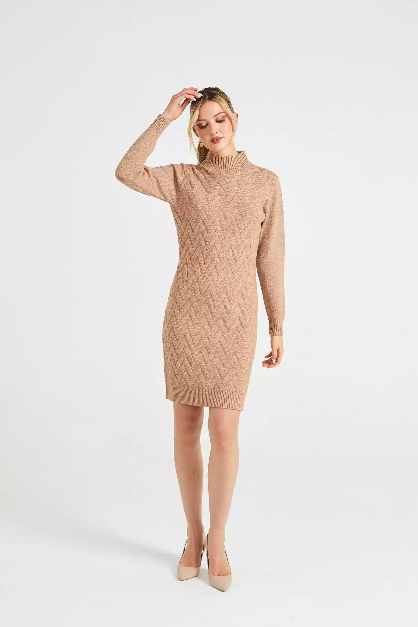 Angeleye High Neck Chunky Cable Knit Midi Dress