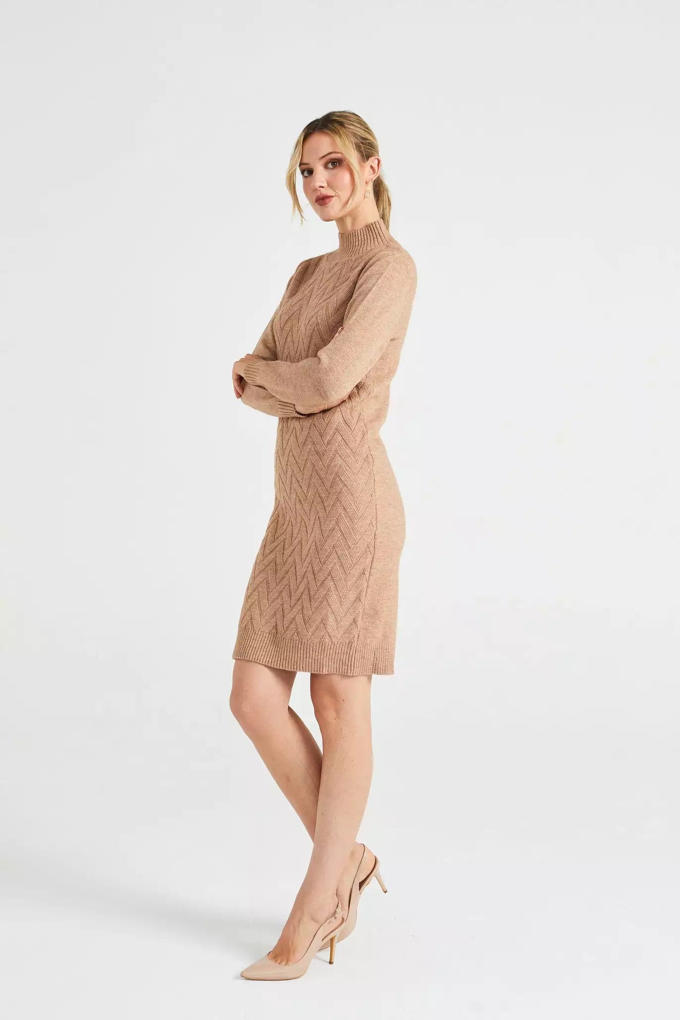 Angeleye High Neck Chunky Cable Knit Midi Dress