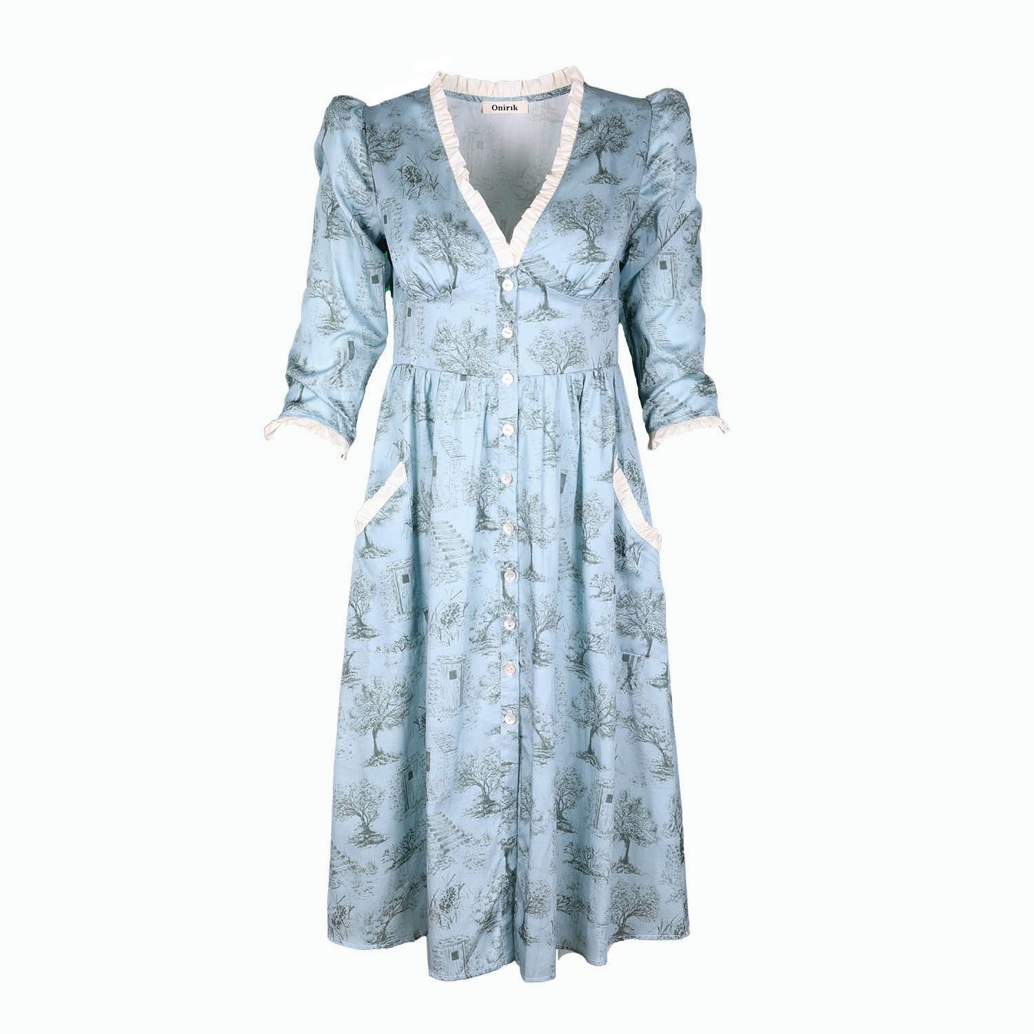 Antonia Dress / Cottage Blue + Pewter Green Cotton Toile