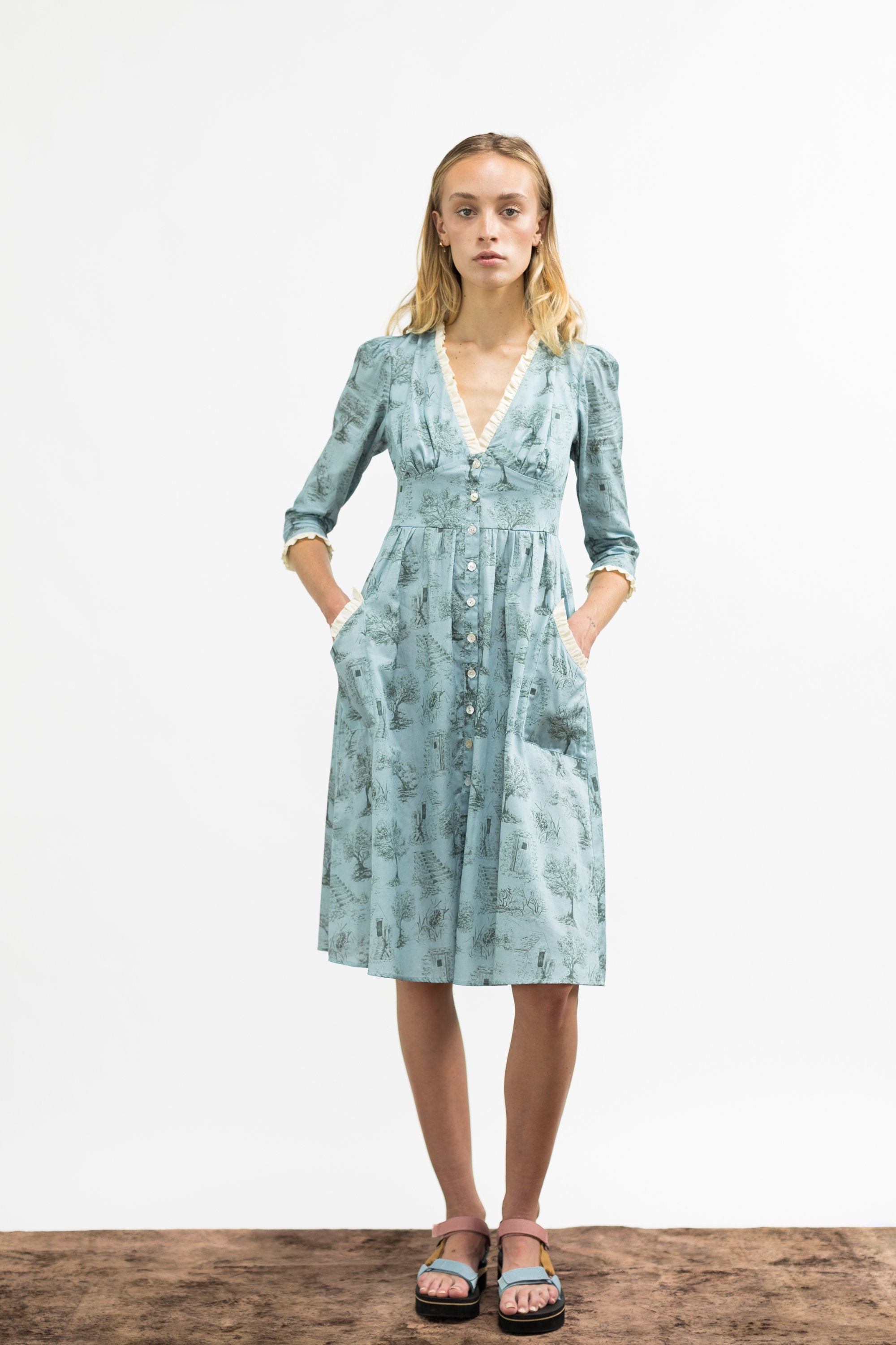 Antonia Dress / Cottage Blue + Pewter Green Cotton Toile