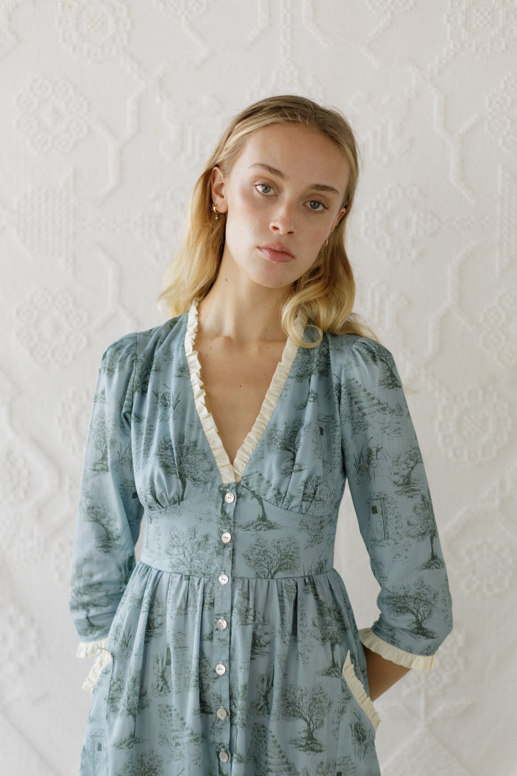 Antonia Dress / Cottage Blue + Pewter Green Cotton Toile