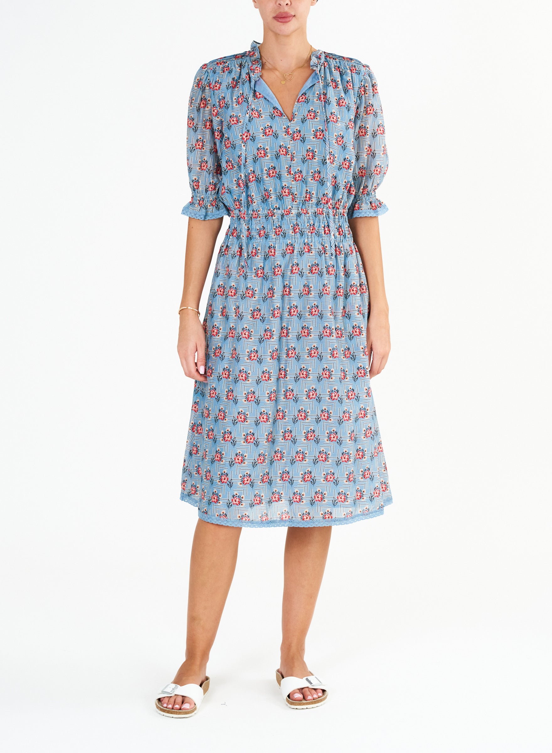 ARA Blue Midi Cotton-Silk Dress