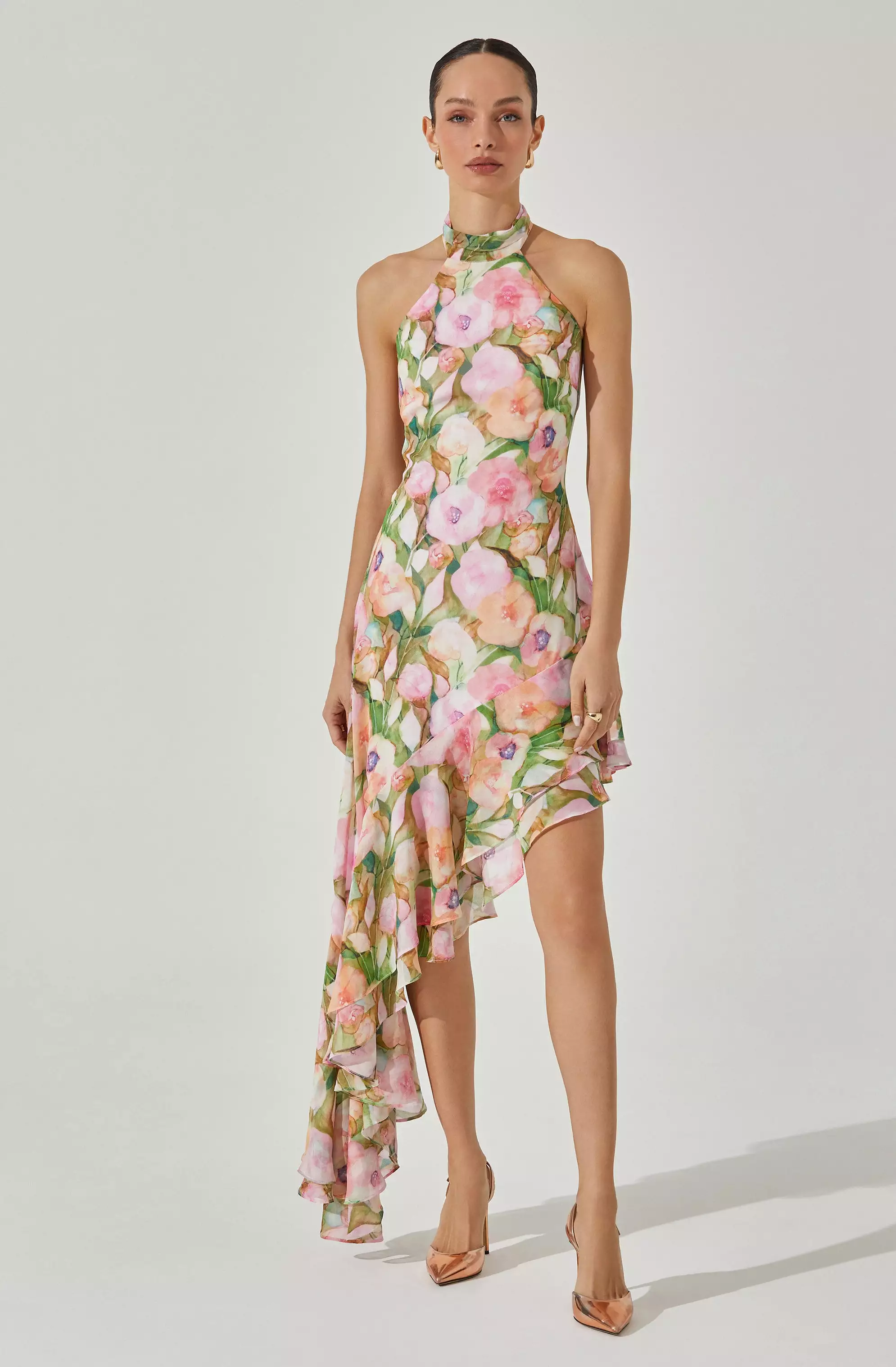 Asymmetric Floral Halter Midi Dress