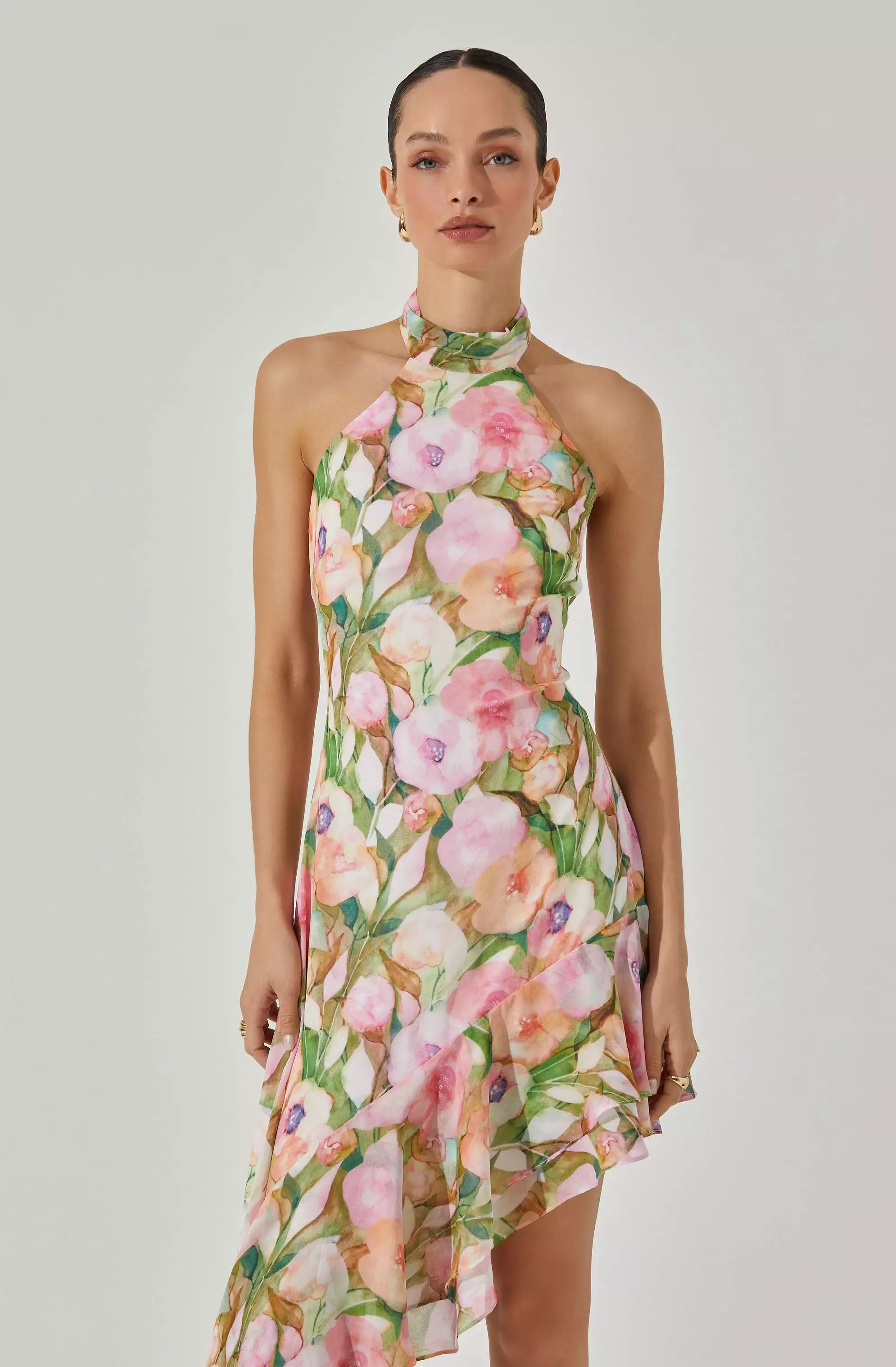 Asymmetric Floral Halter Midi Dress