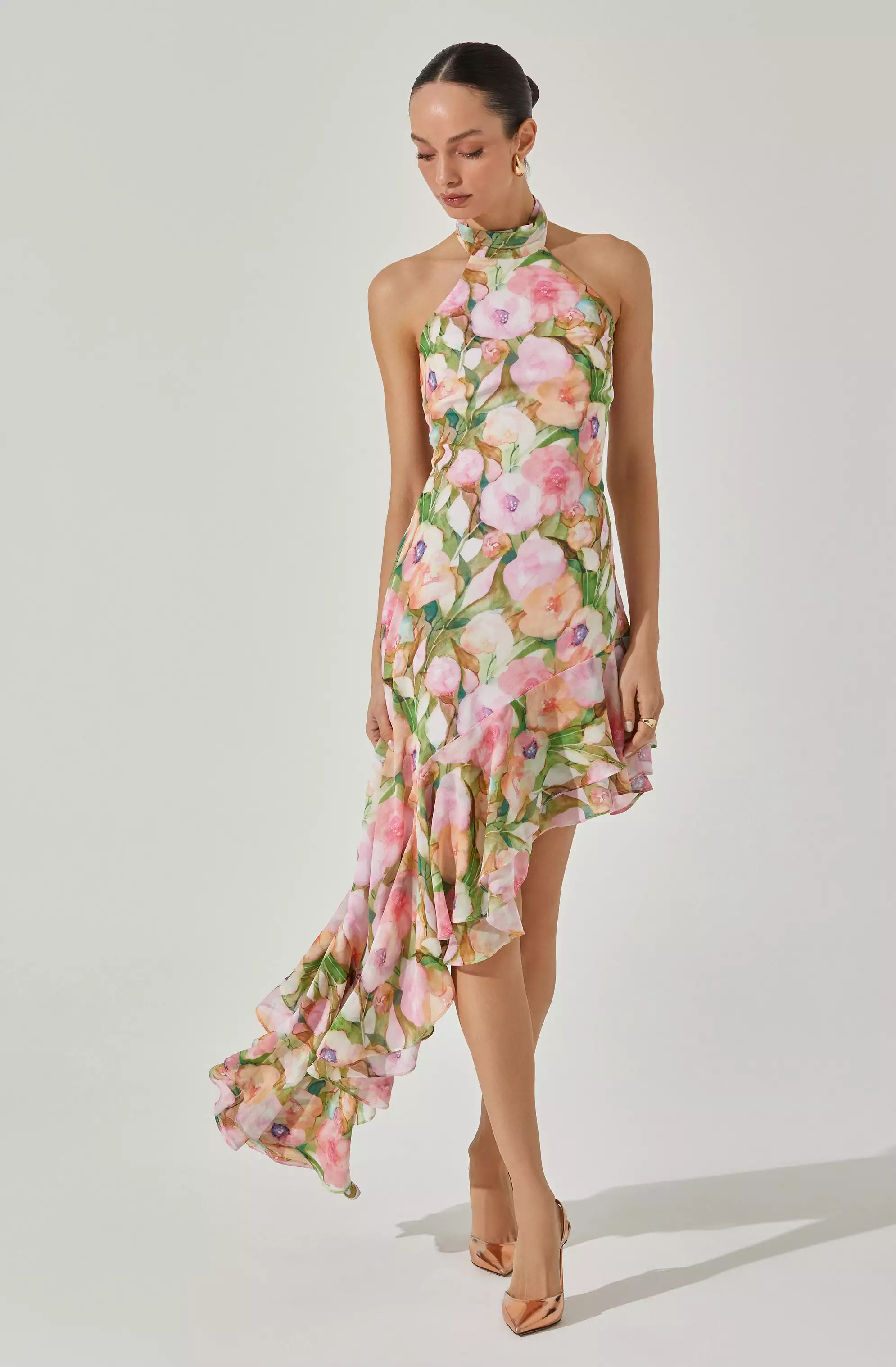 Asymmetric Floral Halter Midi Dress