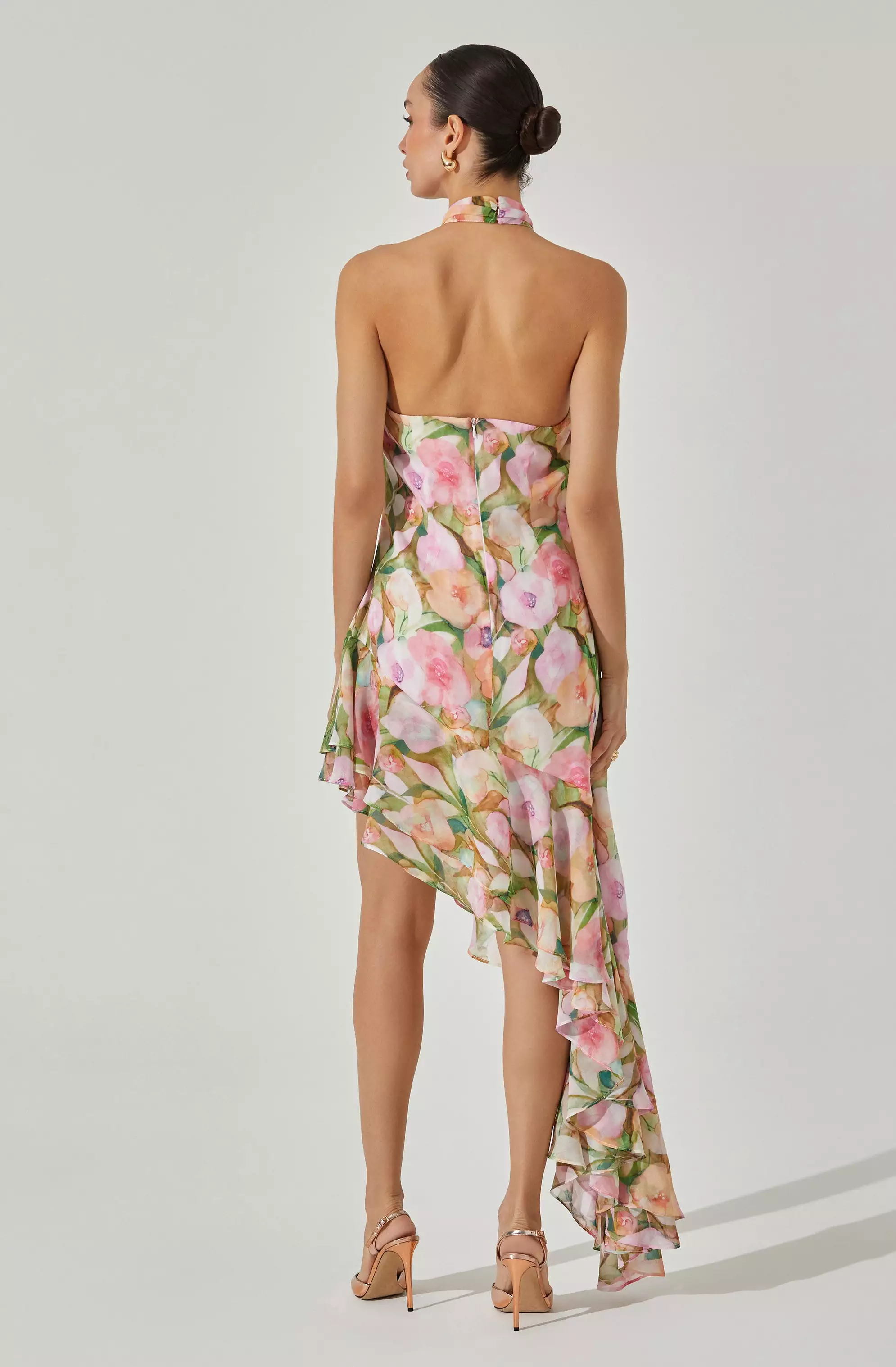 Asymmetric Floral Halter Midi Dress