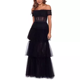 Betsy & Adam Womens Off-The-Shoulder Tiered Evening Dress