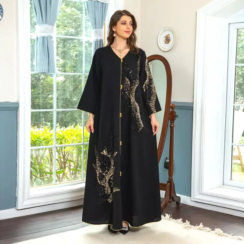 Black Dress Women Ramadan Clothes Femme Sequin Embroidery Loose Abaya Dress S S4945063