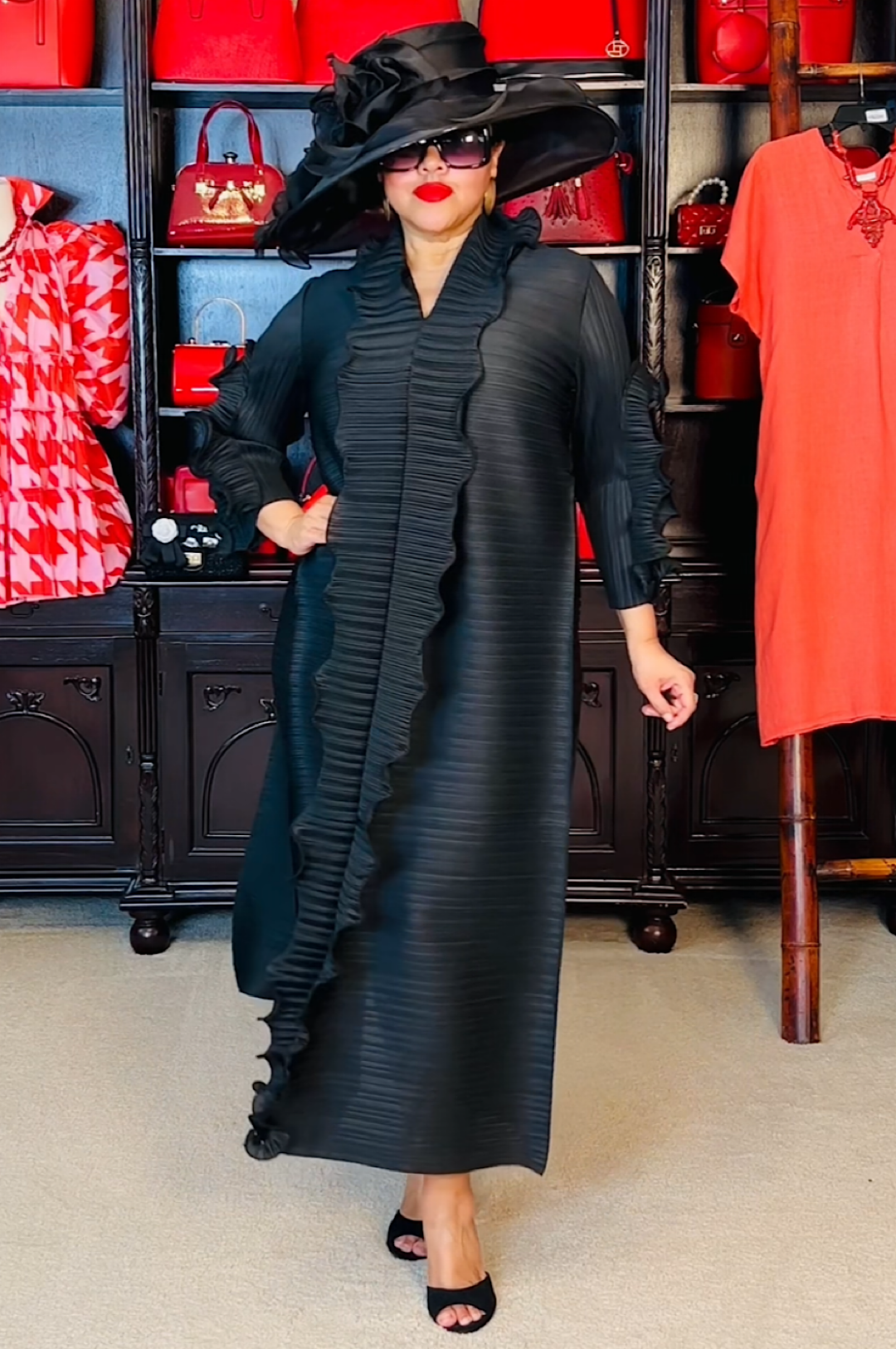 Black Front Ruffle Long Dress