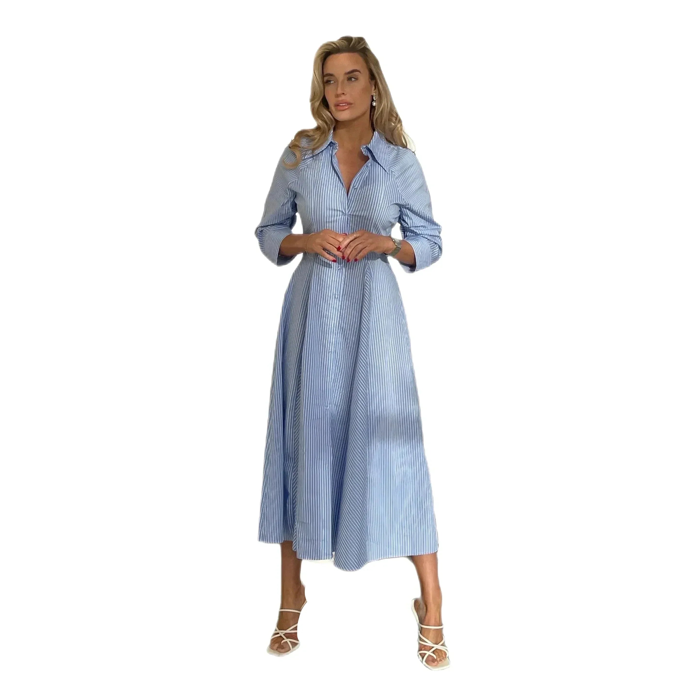 Blue Pinstripe Button Down Midi Shirt Dress