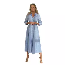 Blue Pinstripe Button Down Midi Shirt Dress