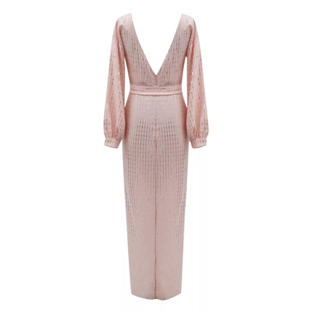 Blush Pink Lantern Sleeve Tie Waist Long Dress