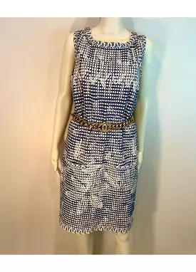 Chanel 14P 2014 Spring Navy Blue White Geometric Sheath Dress FR 40 US 6/8