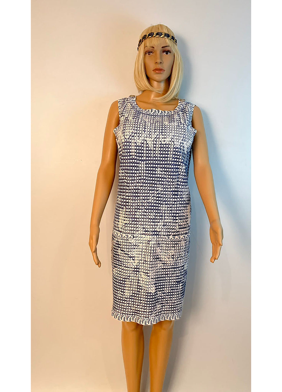 Chanel 14P 2014 Spring Navy Blue White Geometric Sheath Dress FR 40 US 6/8