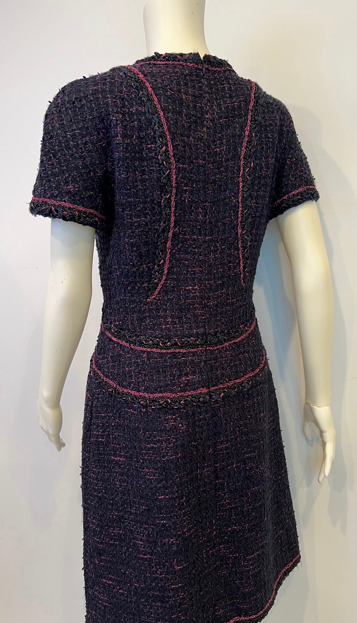 Chanel Navy Blue Black Pink Tweed Dress FR 40 US 6/8