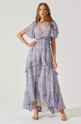 Cherli Floral Lace Up Tiered Ruffle Midi Dress