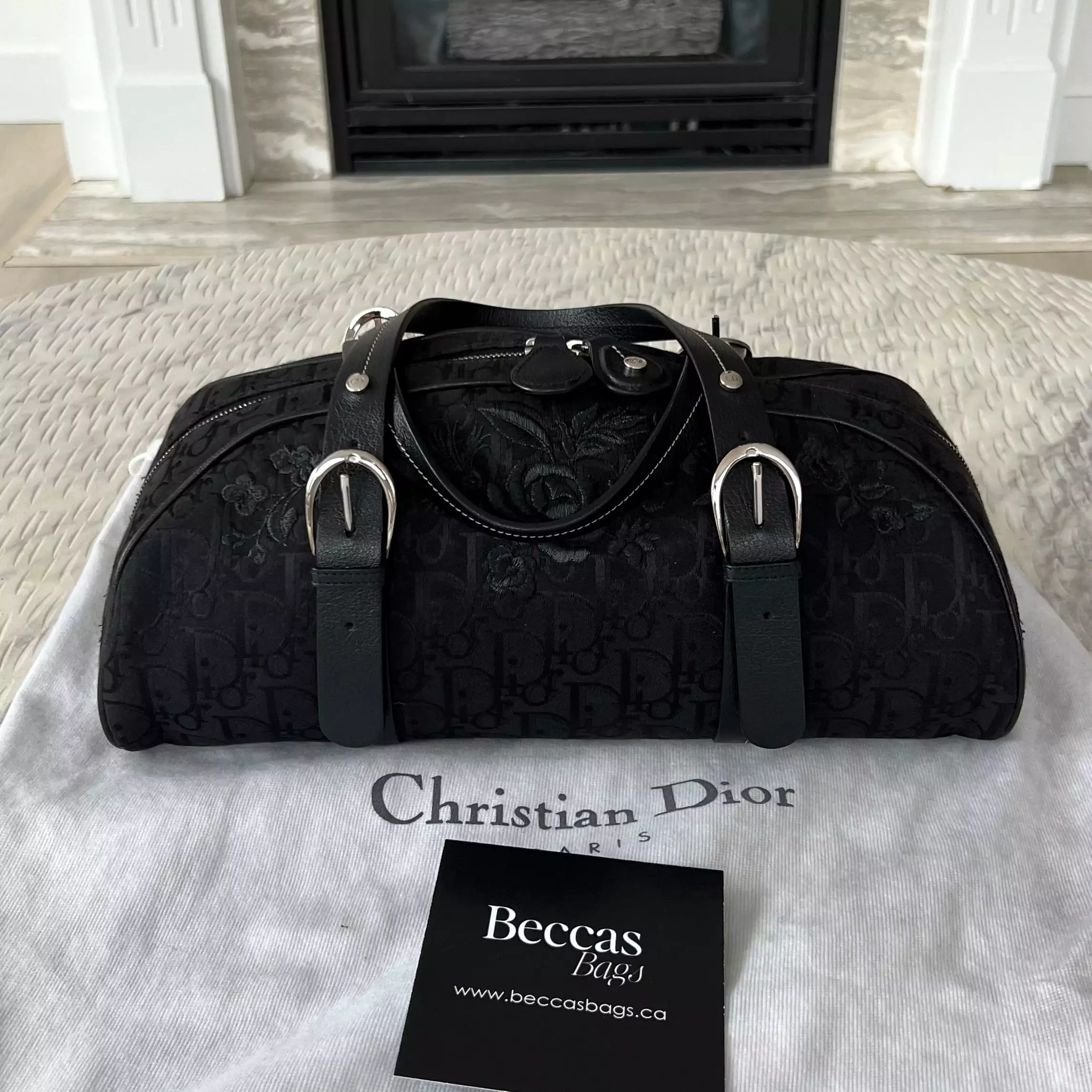 Christian Dior Black Flower Embroidered Trotter Bag