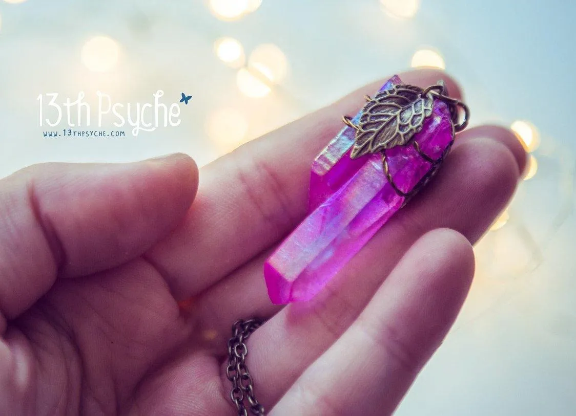 Colorful raw quartz crystal point pendant necklace with leaves