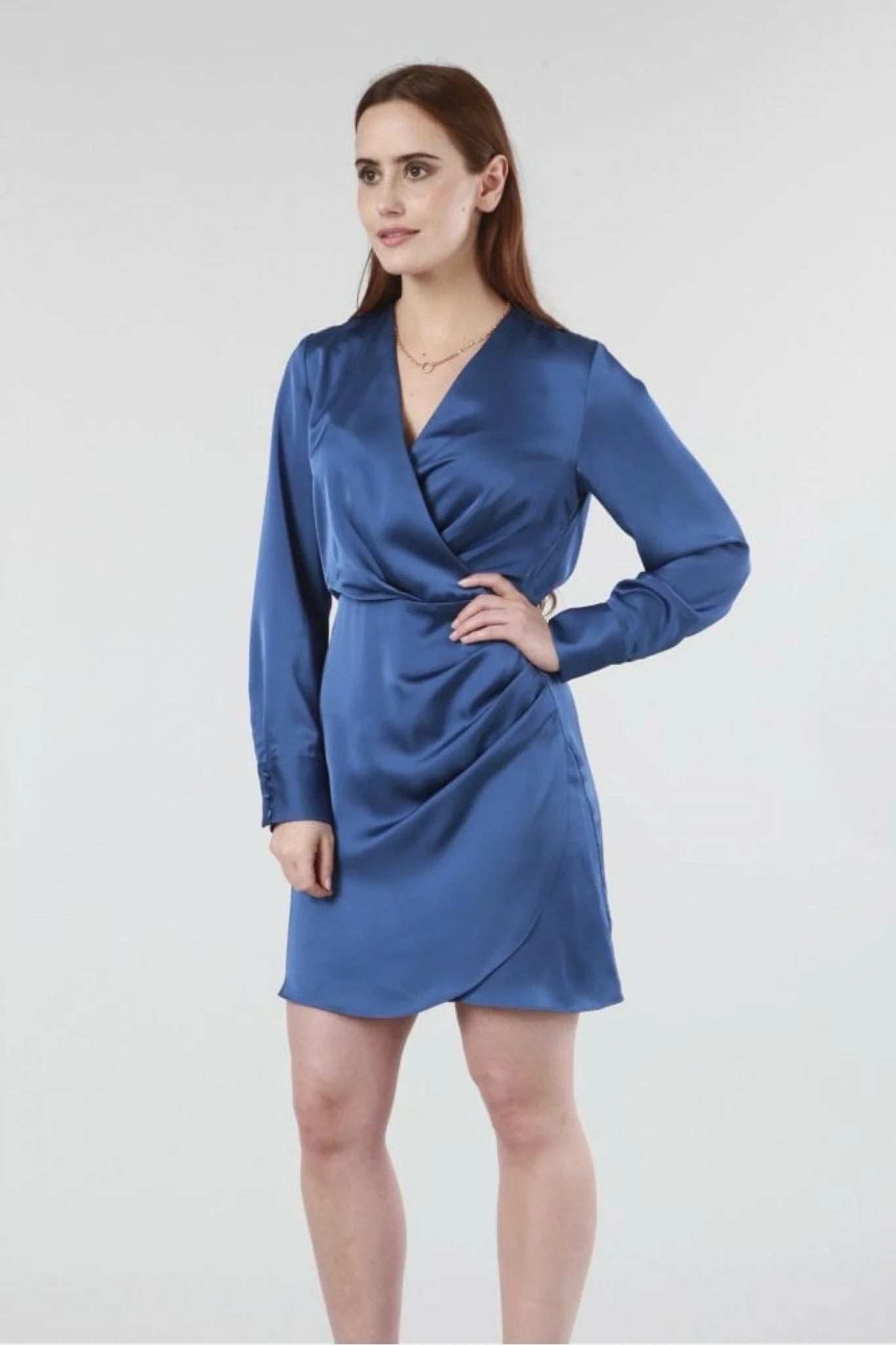 Double Second Blue Satin Pleated Wrap Front Dress