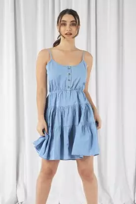 Double Second Blue Tiered Strappy Chambray Denim Dress