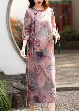 Elegant Purple Button Print Side Open Linen Dress Half Sleeve CG1005