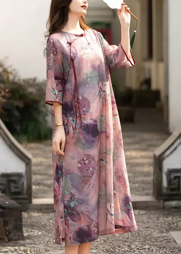 Elegant Purple Button Print Side Open Linen Dress Half Sleeve CG1005