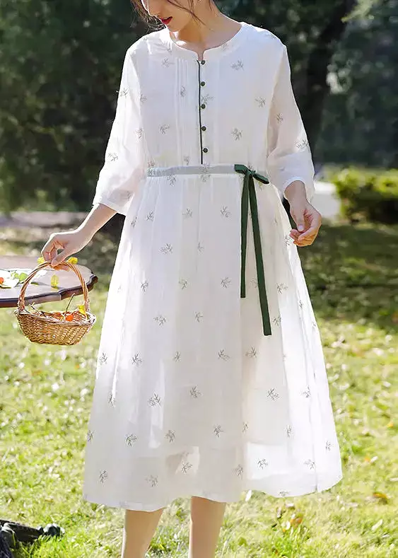 Elegant White Embroidered Button Linen Dress Spring CG1003