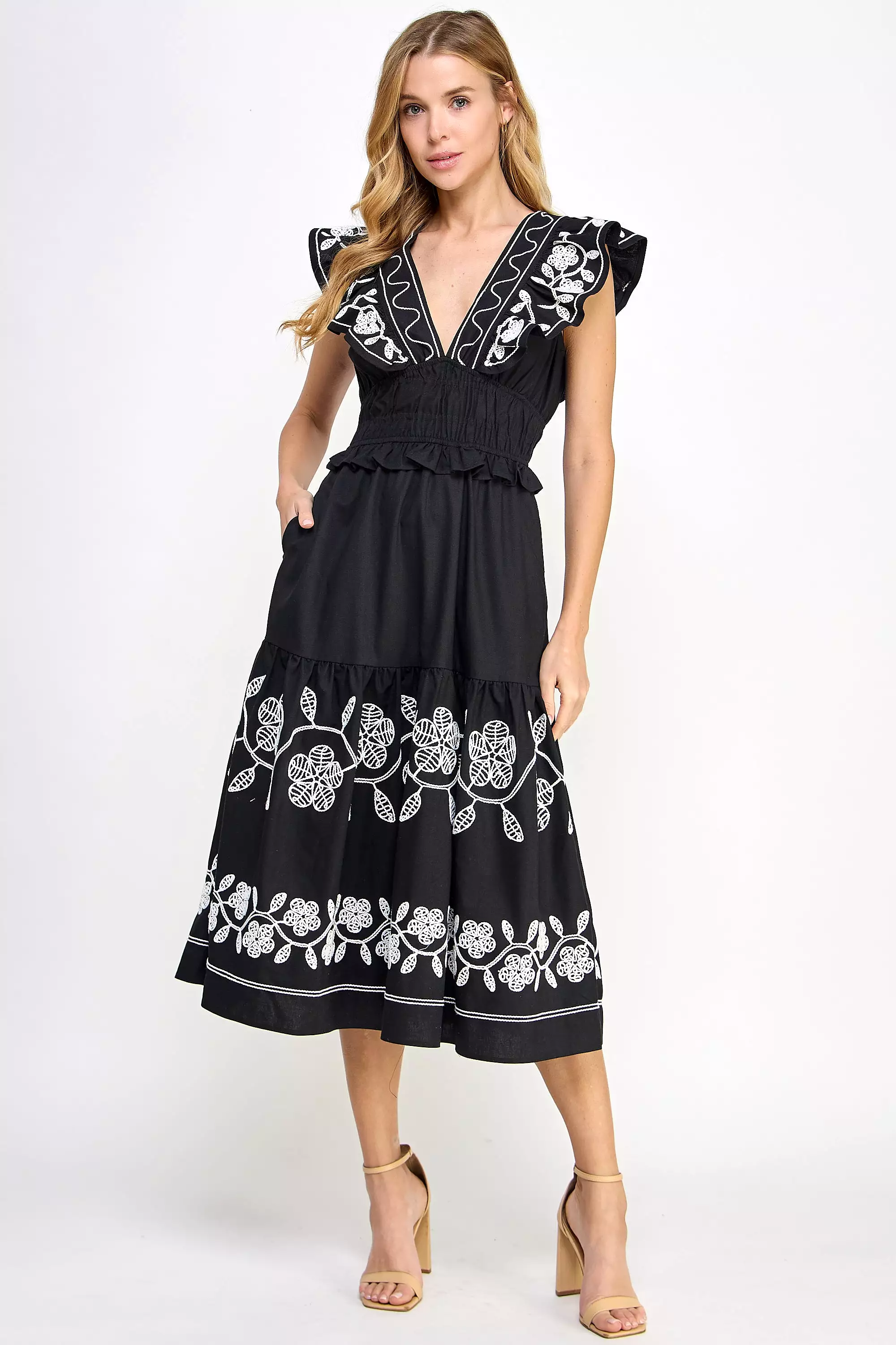 Embroidery Detailed Ruffle Linen Long Dress