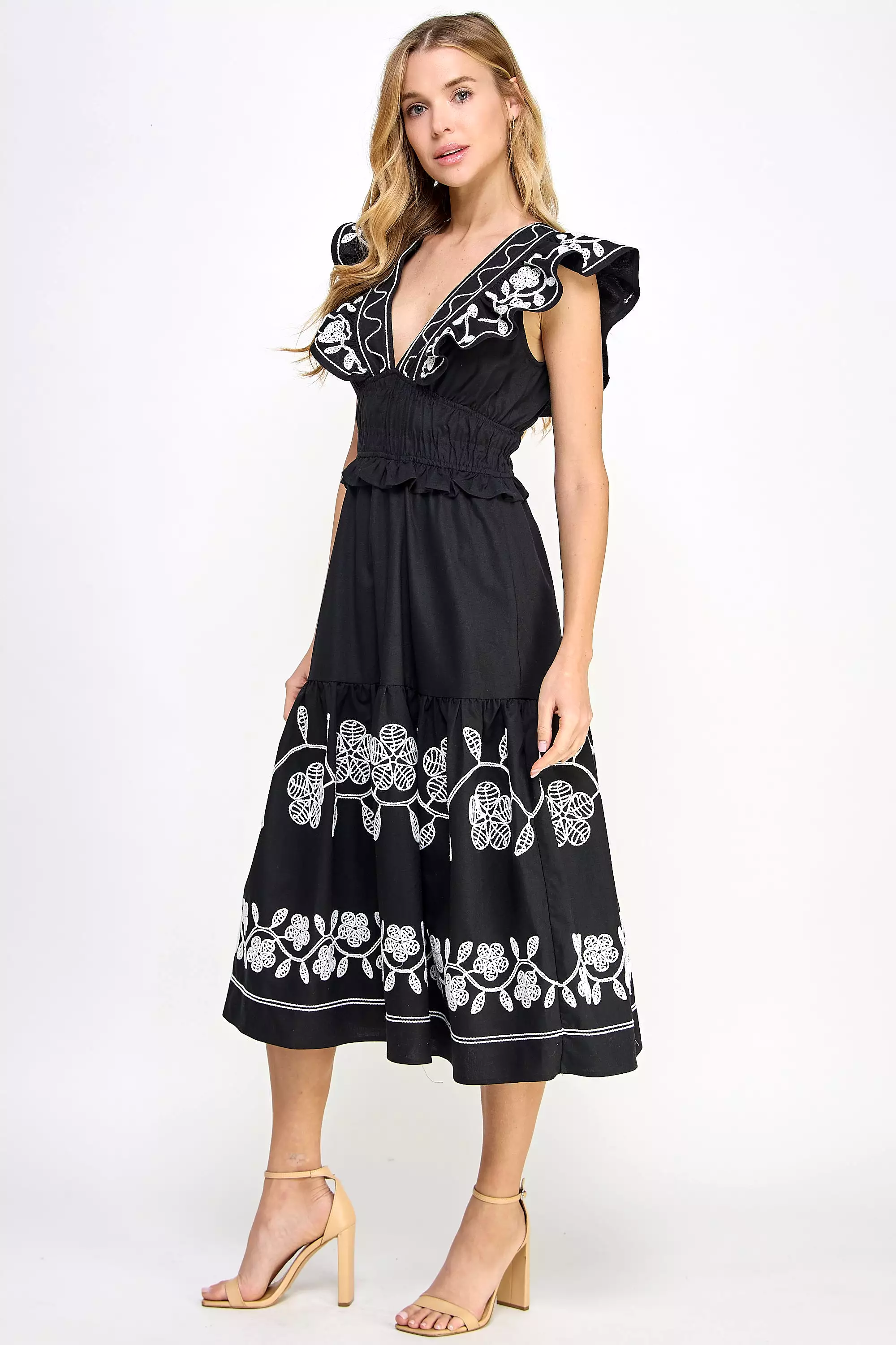 Embroidery Detailed Ruffle Linen Long Dress