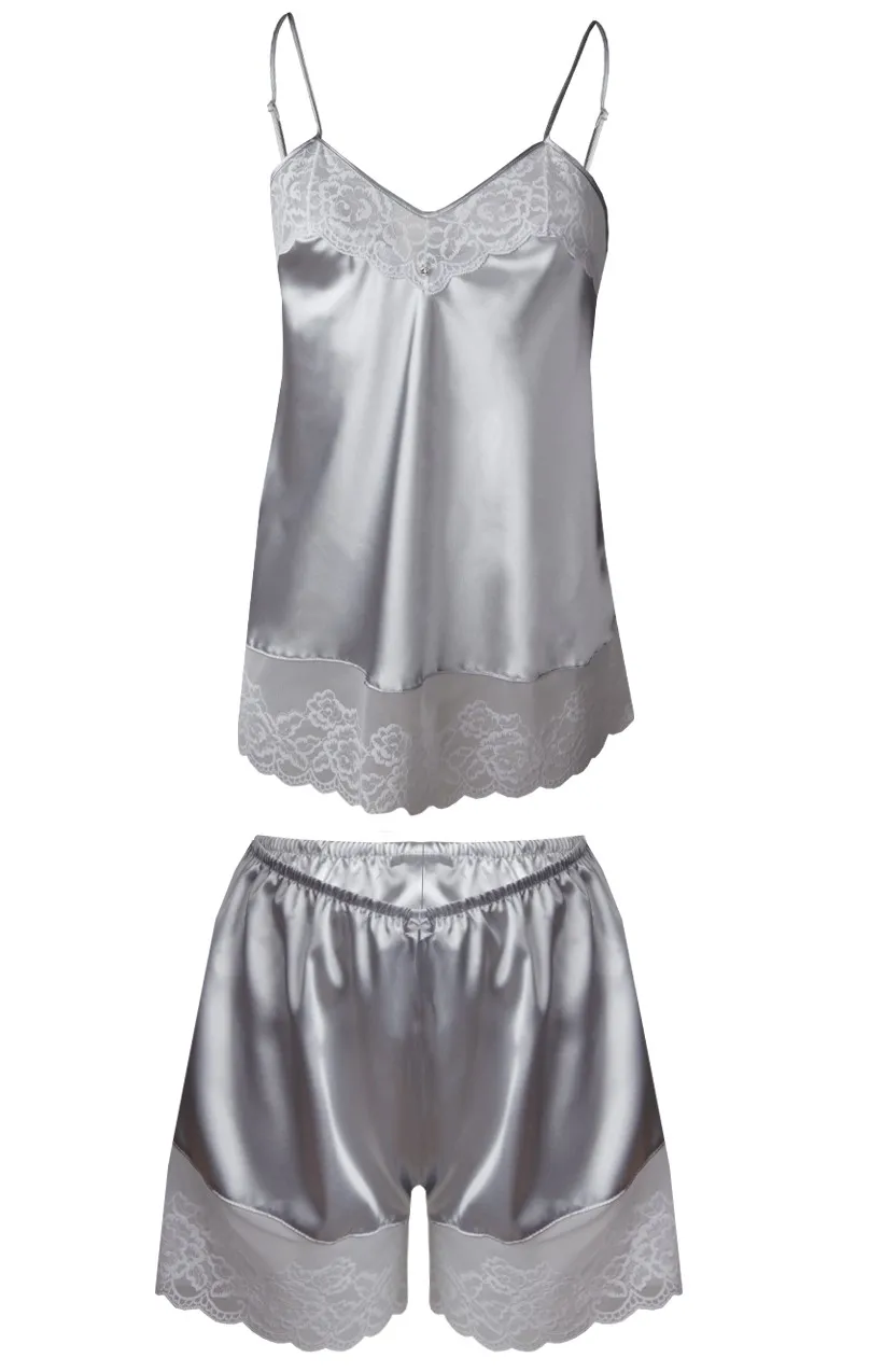 Ensemble caraco et shorty satin argent Isabella