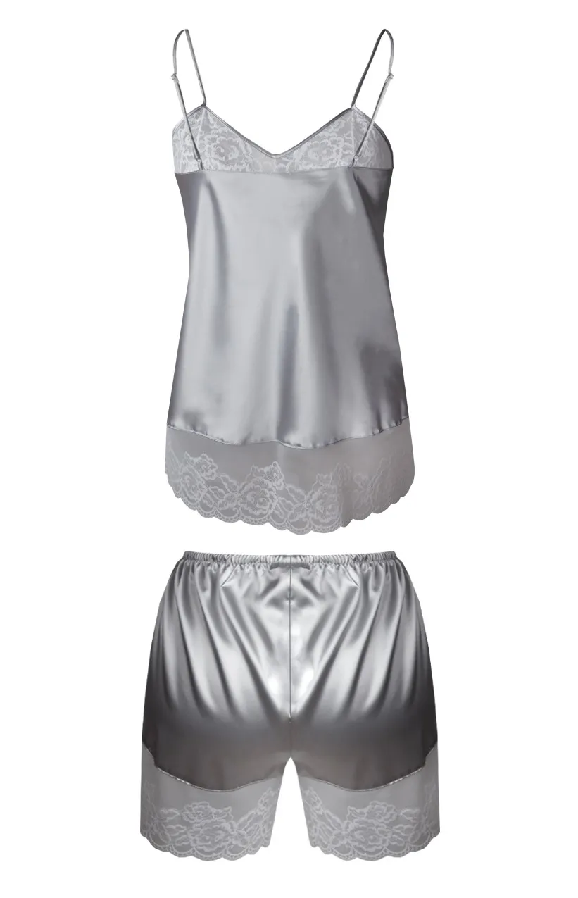 Ensemble caraco et shorty satin argent Isabella