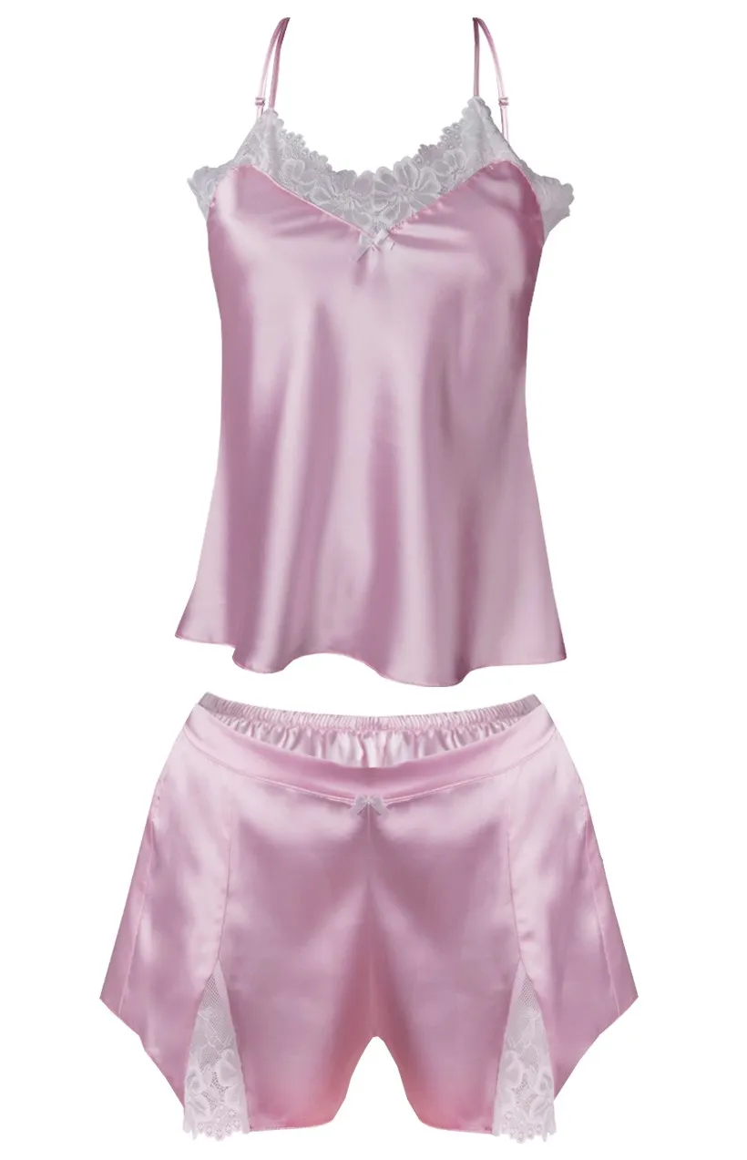 Ensemble caraco et shorty satin rose Eléonore