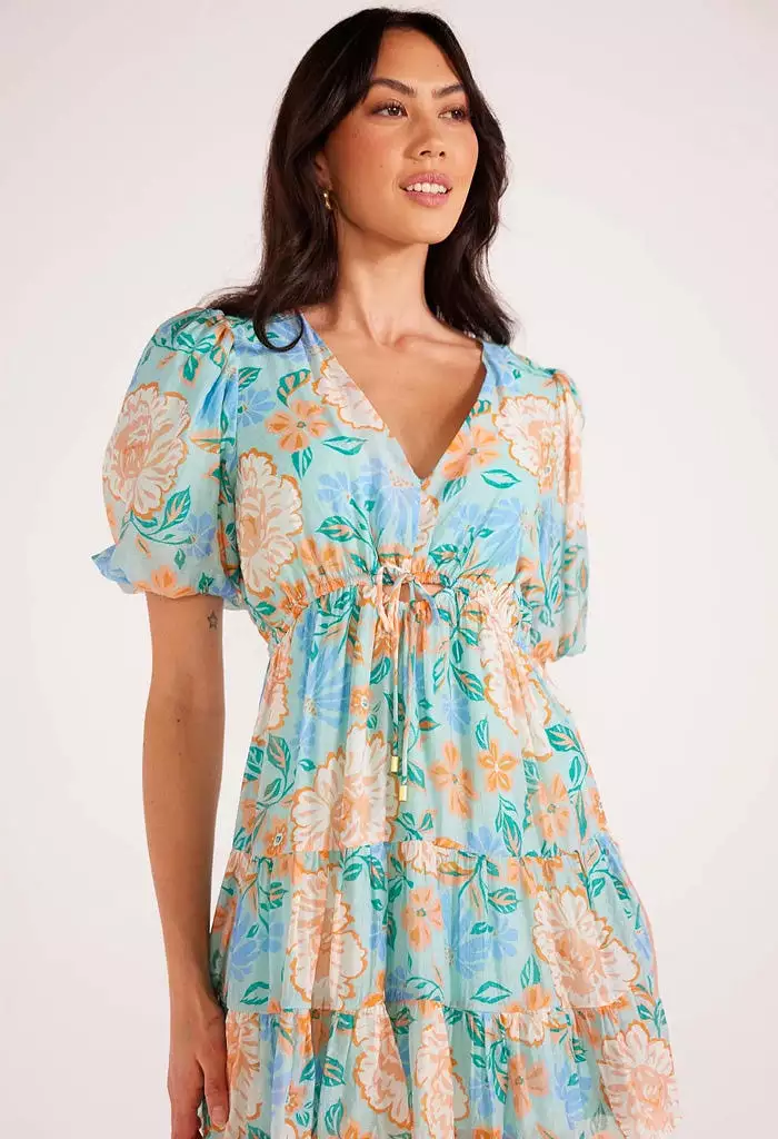 Evelyn Puff Sleeve Mini Dress-Mint/Floral