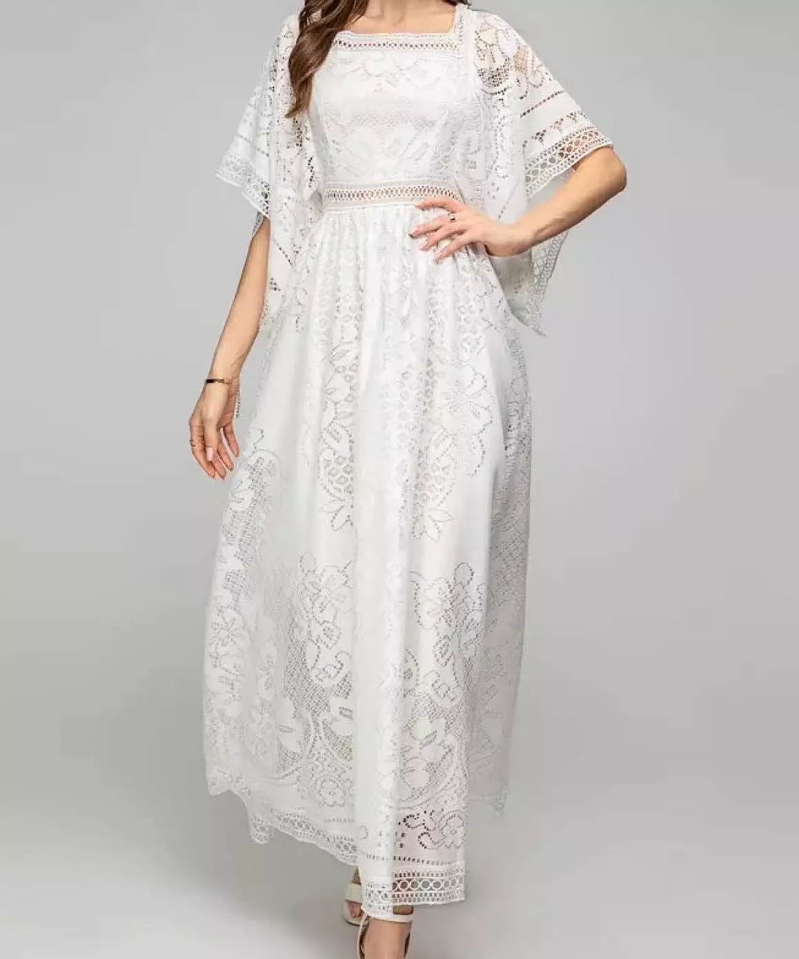 Flared Sleeve Crochet Knitted Long Dress In White