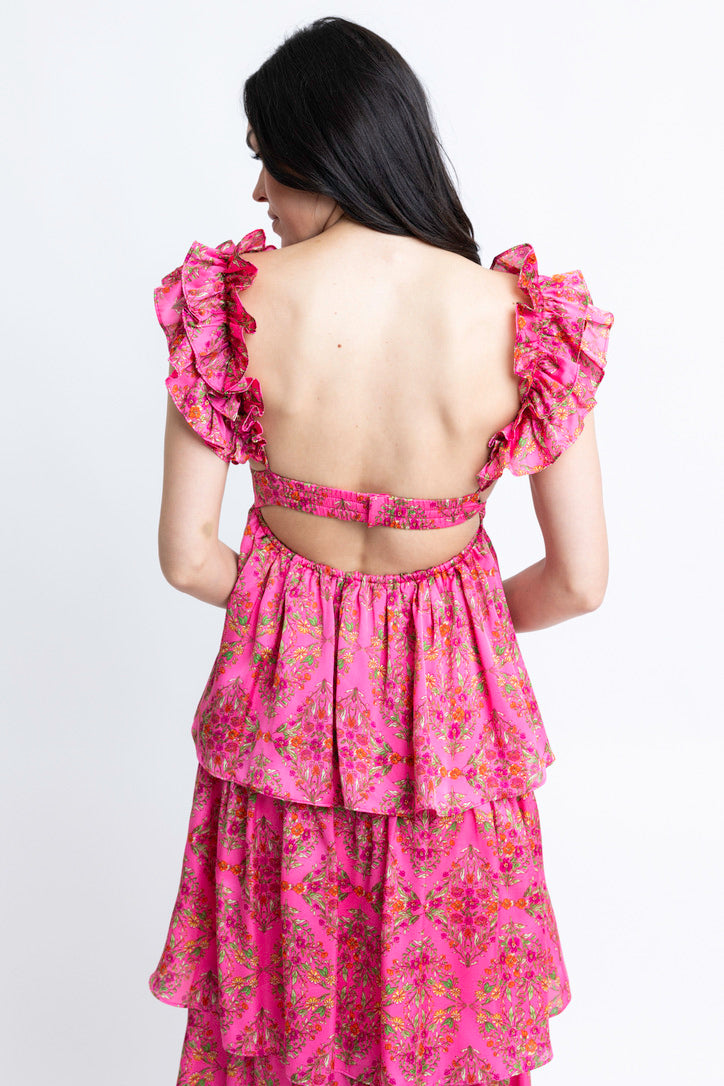 Floral Satin Ruffle Maxi Dress