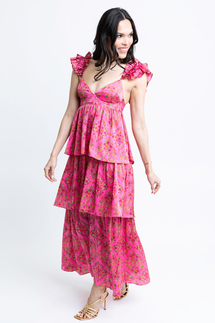 Floral Satin Ruffle Maxi Dress