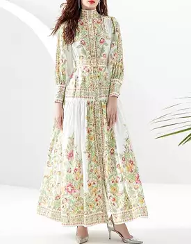 Flower Print Belted Chiffon Long Dress