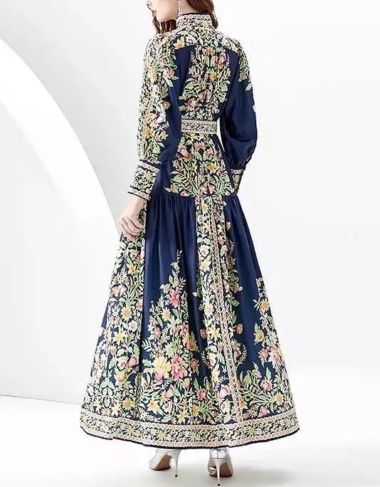 Flower Print Belted Chiffon Long Dress