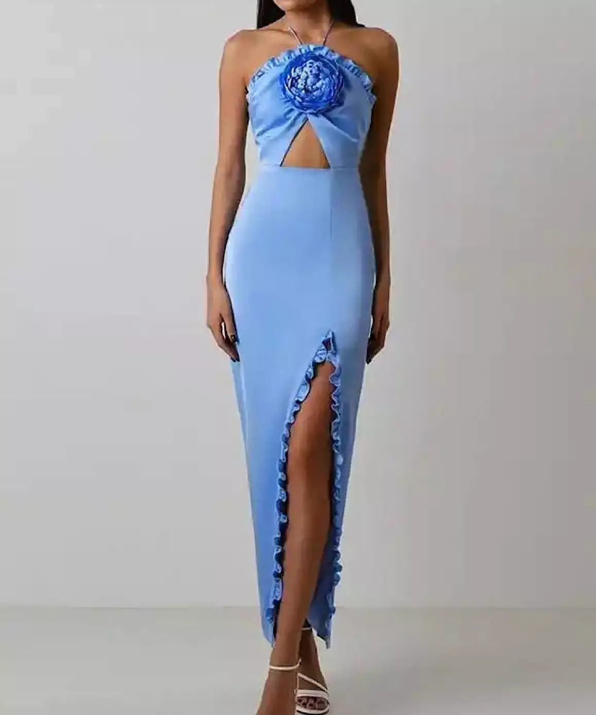 Flower Trim Cutout Long Dress In Blue