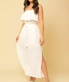 Frayed Ruffle Tube Maxi Dress - White