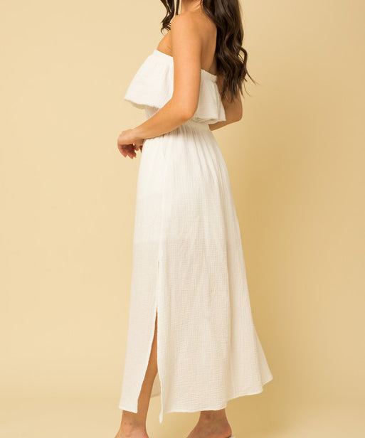 Frayed Ruffle Tube Maxi Dress - White