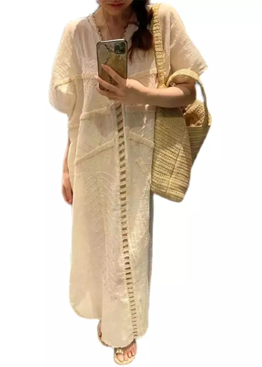 French Beige V Neck Hollow Out Cotton Long Dress Summer CG1018